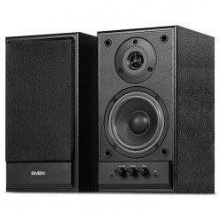 SVEN SPS-702 Black leather,  2.0 / 2x20W RMS, Control unit on the front panel, Magnetic shielding, headphone jack, wooden, (4-+3/4-)